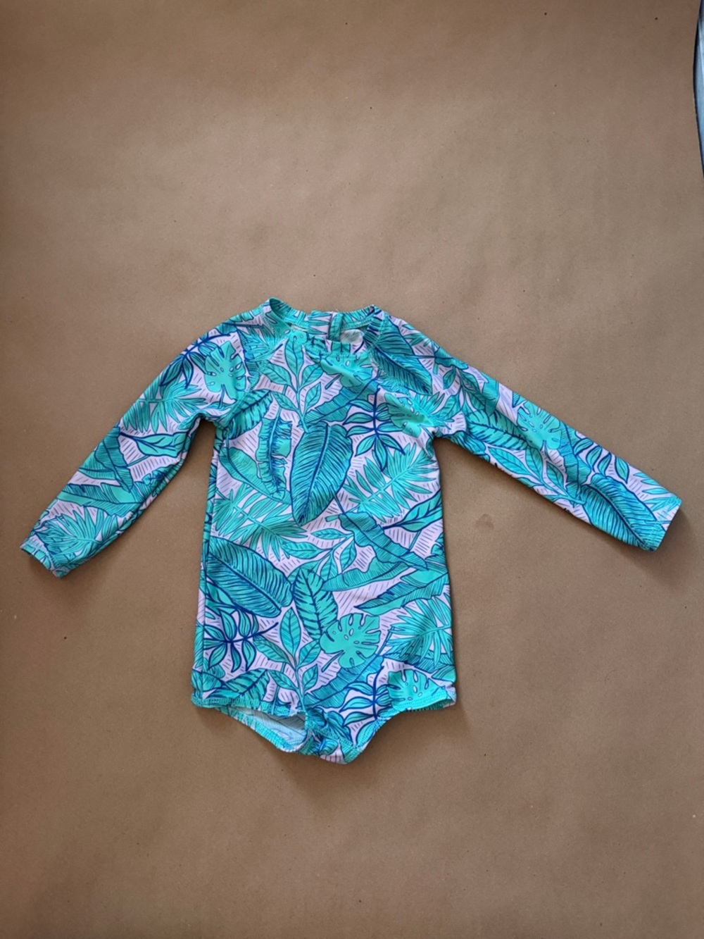 Cat & Jack Teal and Pink Tropical Leaf Long-Sleeve Rash Guard
